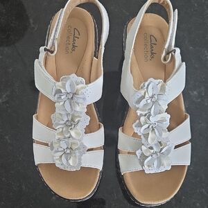 Clarks White Sandals with Floral Design